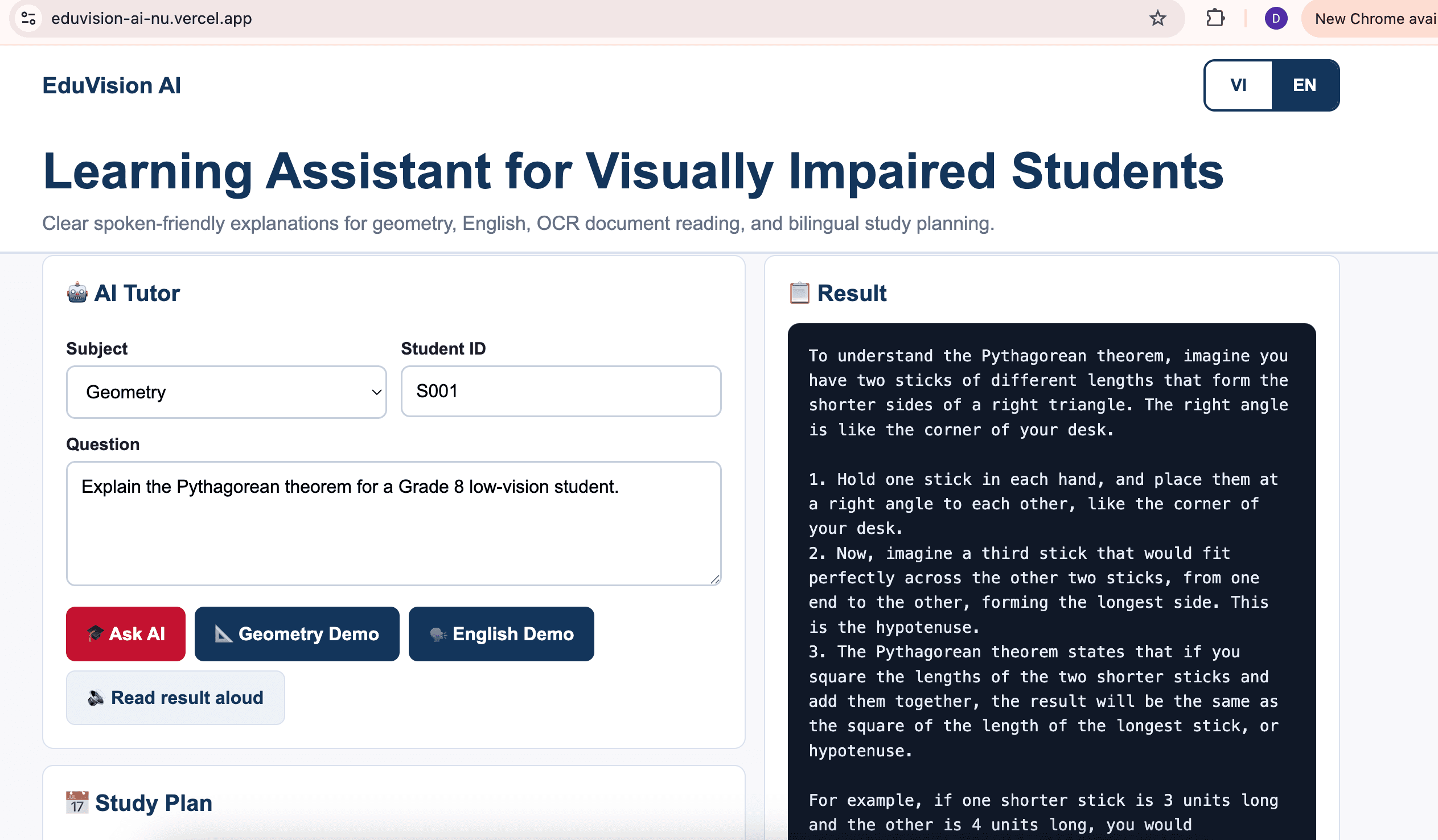 EduVision AI explaining geometry to a low-vision student through touch — no diagram needed